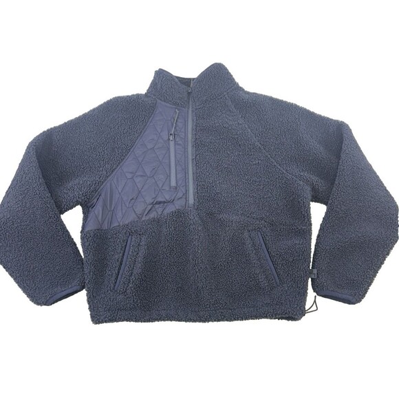 Joy Lab 1/2 Zip Sherpa Pullover Navy Blue Cropped Plush Drawstring Hem Womens S - Picture 1 of 13